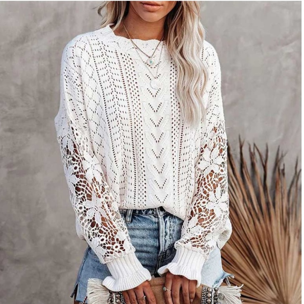 Last 1 S & 5 Star Rated! New Trendy Chic Knit Slouchy Sweater w Crochet Sleeves - Picture 1 of 8